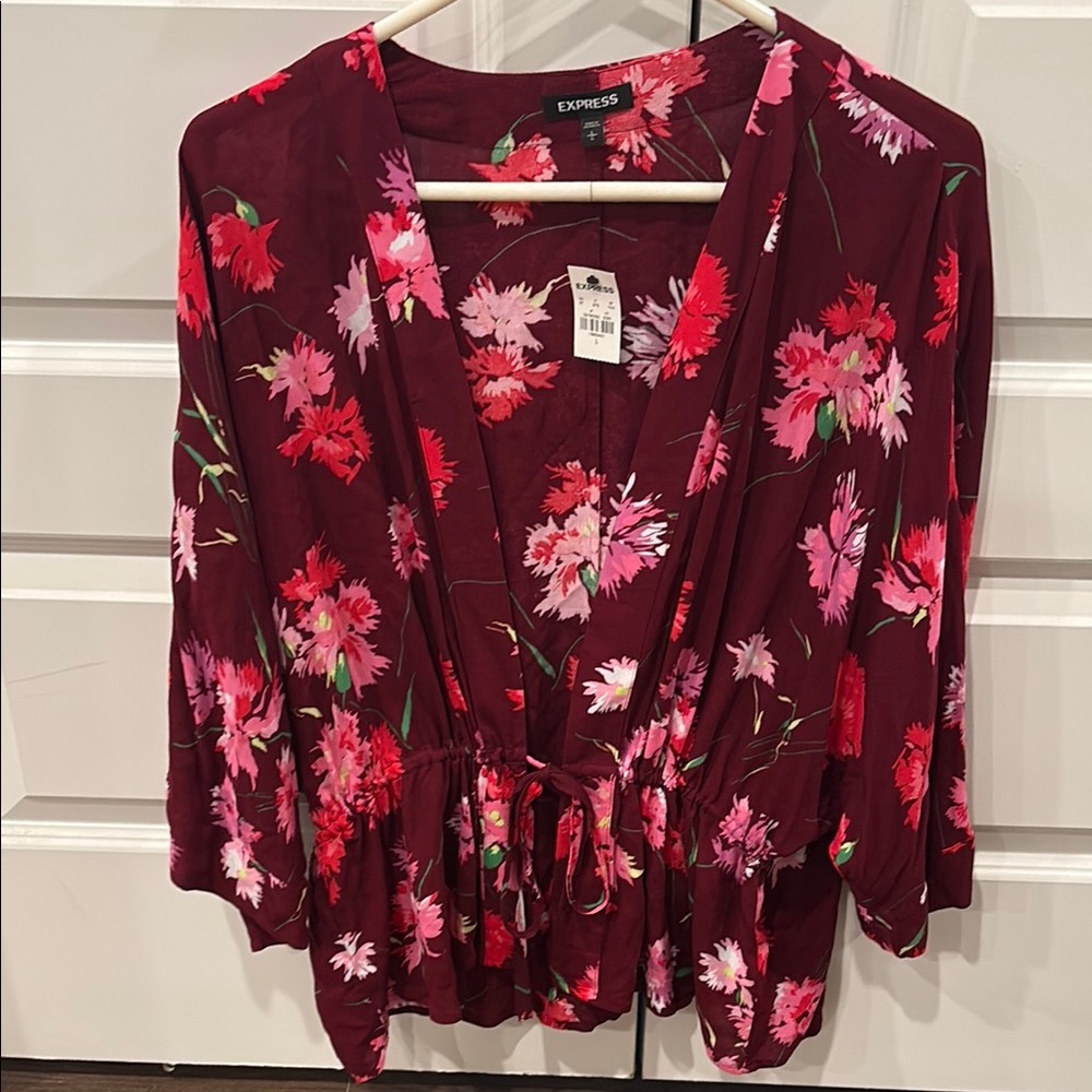Express Women's Floral Top - Red and Pink
